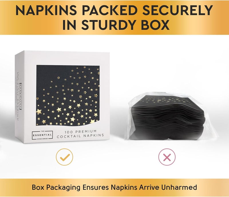 The Essential Concierge Stylish Black and Gold Napkins, 100 Black Star Napkins, 5x5 Inch Black and Gold Cocktail Napkins, Disposable Black Star Cocktail Napkins for Party - Image 2